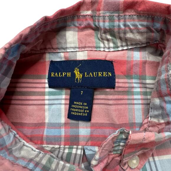 RALPH LAUREN Pink Blue White Plaid Poplin Long Sleeve Shirt Size 7 Boys Cotton - Picture 3 of 4